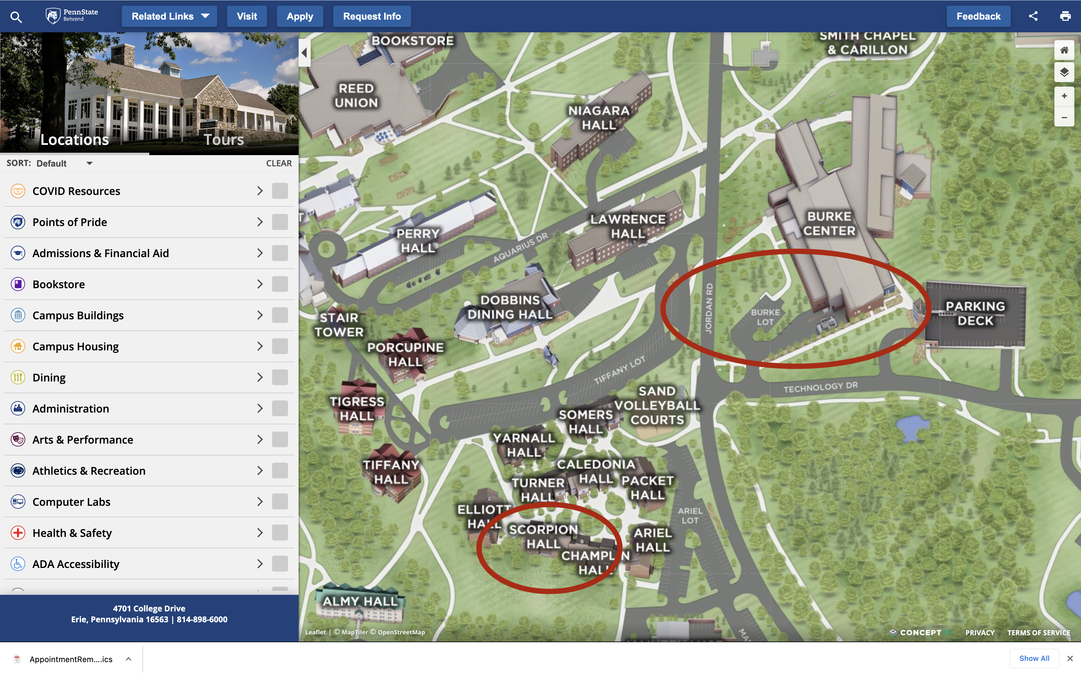 Behrend campus near Jordan Road with campus apartments and Burke circled